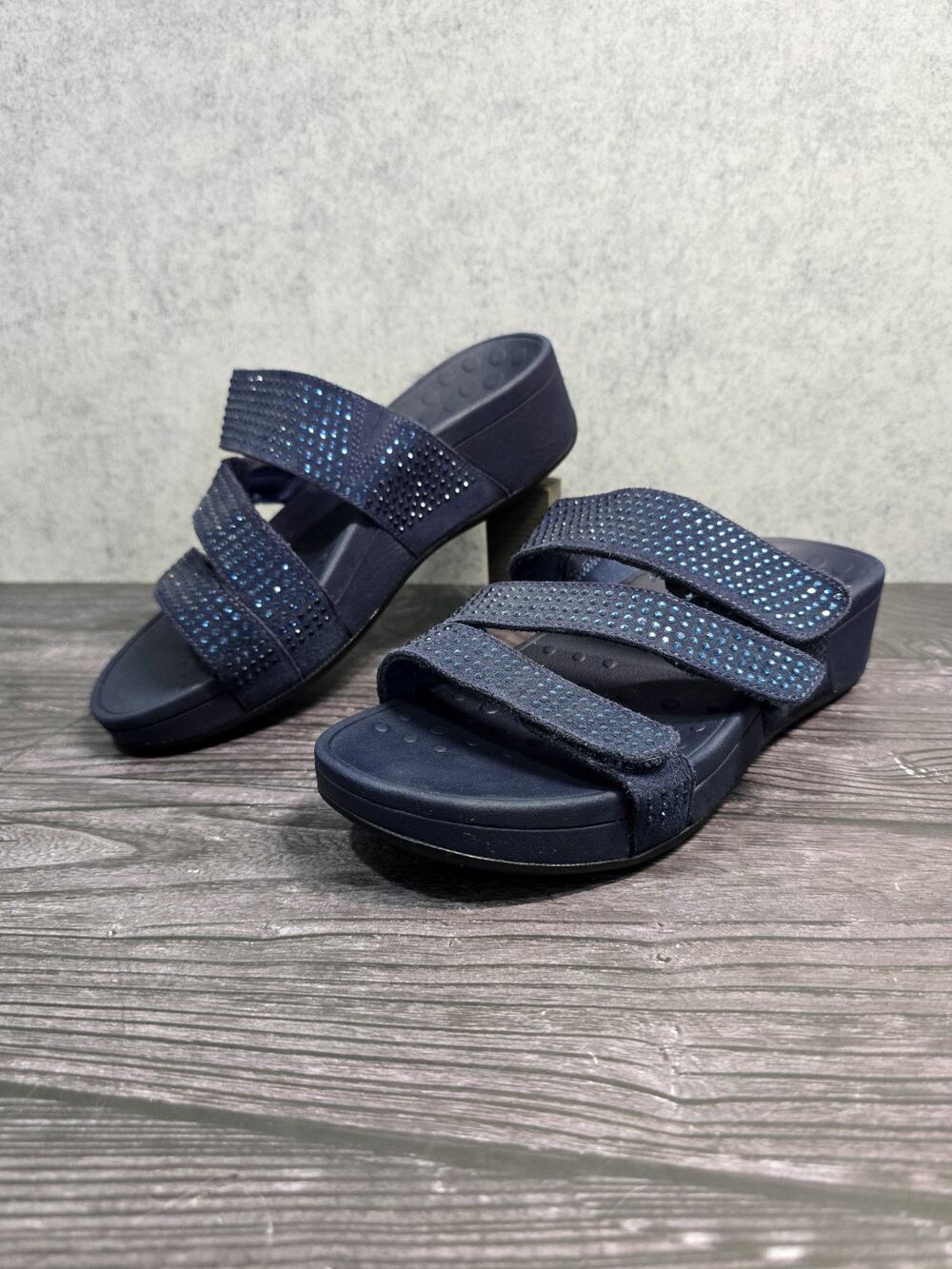 Vionic Alexis Rhinestone Platform Wedge Slide Sandals Navy Blue Suede Women’s 7